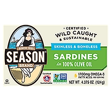 Season Brand Skinless & Boneless Sardines in 100% Olive Oil, 4.375 oz, 4.38 Ounce