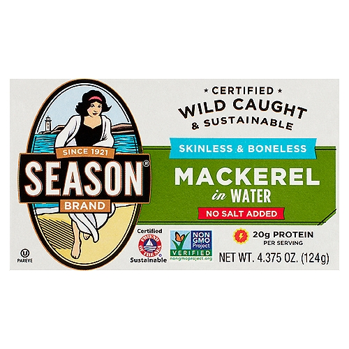 Season Brand No Salt Added Skinless & Boneless Mackerel in Water, 4.375 oz