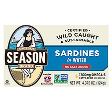 Season Brand No Salt Added Sardines in Water, 4.375 oz, 4.38 Ounce
