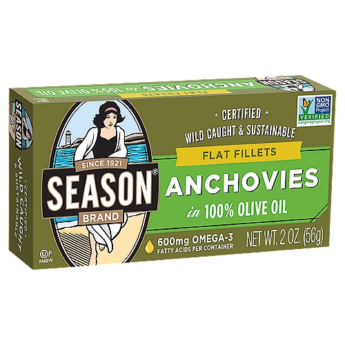 Season Brand Flat Fillets Anchovies in 100% Olive Oil, 2 oz
Nutrition Highlights
600mg Omega-3 Fatty Acids per Container