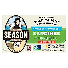 Season Brand No Salt Added Skinless & Boneless in 100% Olive Oil, Sardines, 4.37 Ounce