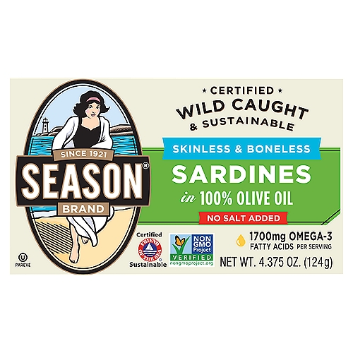 Season Brand No Salt Added Skinless & Boneless Sardines in 100% Olive Oil, 4.375 oz
Nutrition Highlights
22g Protein, 15% Vitamin D, 1700mg Omega-3 per Serving
