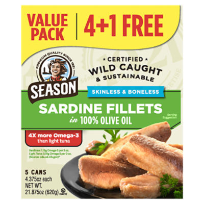 Season Skinless & Boneless Sardine Fillets in 100% Olive Oil Value Pack, 4.375 oz, 5 count