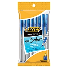 BIC Round Stic Grip Xtra-Comfort Medium Blue Ink Ball Pens, 8 count
