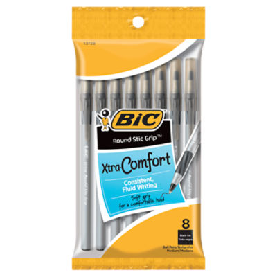 BIC Round Stic Grip Xtra-Comfort Medium Black Ink Ball Pens, 8 count