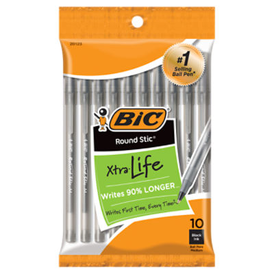 BIC Round Stic Xtra-Life Medium Black Ink Ball Pens, 10 count