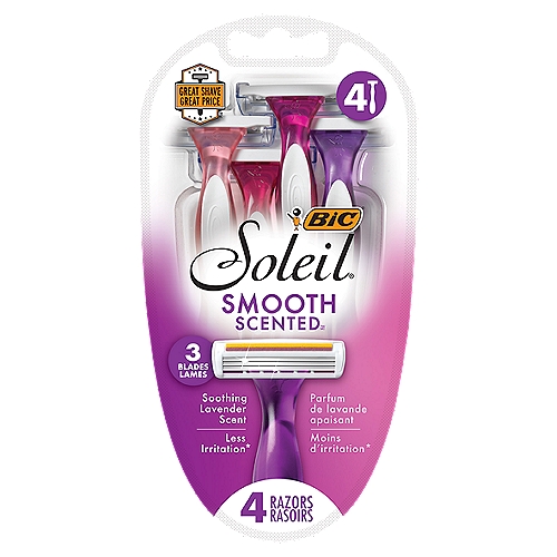BIC Soleil Twilight 3 Blades Women's Disposable Razor, 4 countnSmoother shave* scented handlesn*vs. BIC® Silky Touch®nnSoothing Moisture strip™ enriched with vitamin E