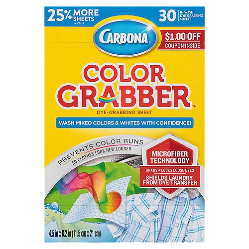 Carbona Color Grabber Dye-Grabbing Sheet, 30 countnYour Laundry's Best FriendnYou know to separate whites from darks, but different colors and patterns can make sorting — and as a result doing laundry — much trickier. With Carbona® Color Grabber™ with microfiber technology you can wash mixed colors, whites, and patterns in the same load with confidence. That's because Color Grabber shields your laundry from textile-to-textile dye transfer in the wash. This means your laundry colors stay true and bright, and clothes stay looking new longer. This is peace of mind for you, and your laundry.nnMicrofiber Technology incorporates the absorption of microfiber in a hexagonally structured laundry sheet formulated to grab and lock loose dyes and dirt in the water, so they don't transfer onto the other garments causing a color run or discoloration. Simply add a Color Grabber™ Sheet to any load. When the wash cycle is complete you will see that all the color is locked on the sheet... not your clothes. Amazing!