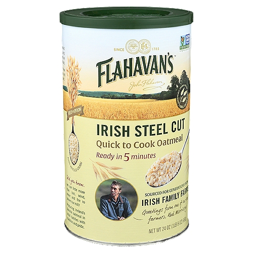 Flahavan's Irish Steel Cut Oatmeal, 24 oz
A Family's Passion for Oats
Since 1785, our Flahavan's family mill has been nestled beneath the Comeragh Mountains in Country Waterford, amid a trove of natural resources and small-scale farmers who are dedicated to growing the finest 100% whole grain Irish Oats.

For seven generations, we've worked together with these like-minded farmers, folks we know and trust, to grow and select the best quality non-GMO oats, while protecting the land.

A wholesome and heartwarming oatmeal, naturally rich in texture and made even richer by passion -with a toasted aroma and deliciously creamy taste that is naturally lrish and distinctively Flahavan's.