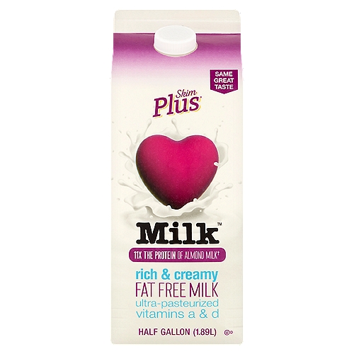 Skim Plus Fat Free Milk, half gallon
11x the protein of almond milk†
34% more calcium than whole milk†
† Comparison Per Serving
1 Cup Serving: Total fat; Whole Milk: 8g; 2% Milk: 5g; 1% Milk: 2.5g; Almond Milk: 2.5g; Skim Plus® Milk: 0g
1 Cup Serving: Protein; Whole Milk: 8g; 2% Milk: 8g; 1% Milk: 8g; Almond Milk: 1g; Skim Plus® Milk: 11g
1 Cup Serving: Calcium; Whole Milk: 302mg; 2% Milk: 302mg; 1% Milk: 302mg; Almond Milk: 450mg; Skim Plus® Milk: 405mg

No artificial growth hormones added*
*According to the FDA, no significant difference has been shown between milk derived from rBST treated and non-rBST treated cows.

Tested for antibiotics**
**All milk is tested for antibiotics, including beta lactum antibiotics.

Enjoy Your Fat Free Milk
Rich and creamy, with indulgent fresh taste, Skim Plus® Milk is everything you love about milk, and nothing you don't - no fat, and no artificial growth hormones. Ever.
Skim Plus® Milk also has more protein and calcium than whole milk, keeping you strong inside - especially if you're over the age of 40 when your nutrition needs change.
Love the milk you drink with Skim Plus® Milk.