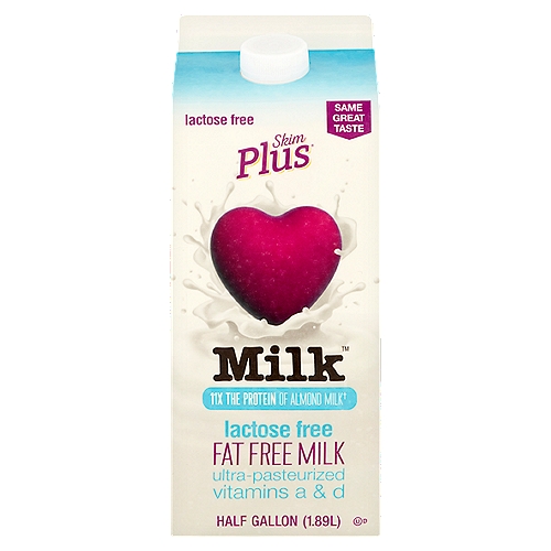 Skim Plus Lactose Free Fat Free Milk, half gallon
Enjoy your Lactose Free Milk
Rich and creamy, with indulgent fresh taste, Lactose Free Skim Plus® Milk has everything you love about milk, and nothing that you don't - no fat, no artificial growth hormones and no lactose. Enjoy the delicious taste without worrying about digestion issues.

Lactose Free Skim Plus® Milk also has more protein and calcium than whole milk, keeping you strong inside - especially if you're over the age of 40 when your nutrition needs change.

Love the milk you drink with Lactose Free Skim Plus® Milk

11x the protein of almond milk†
34% more calcium than whole milk†
†Comparison Per Serving
1 Cup Serving: Total fat; Whole Milk: 8g; 2% Milk: 5g; 1% Milk: 2.5g; Almond Milk: 2.5g; Lactose Free Skim Plus® Milk: 0g
1 Cup Serving: Protein; Whole Milk: 8g; 2% Milk: 8g; 1% Milk: 8g; Almond Milk: 1g; Lactose Free Skim Plus® Milk: 11g
1 Cup Serving: Calcium; Whole Milk: 302mg; 2% Milk: 302mg; 1% Milk: 302mg; Almond Milk: 450mg; Lactose Free Skim Plus® Milk: 405mg

No artificial growth hormones added*
*According to the FDA, no significant difference has been shown between milk derived from rBST treated and non-rBST treated cows.

Tested for antibiotics**
**All milk is only being tested for beta lactam antibiotics.