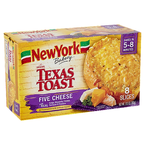 New York Bakery The Original Five Cheese Texas Toast, 8 count, 13.5 oz
''Every loaf is baked from scratch. That's why it tastes so good.''
-Don Penn (3rd Generation NYB Baker)