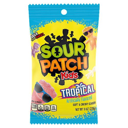 Sour Patch Kids Tropical Soft & Chewy Candy, 8 oz
8 oz bag of SOUR PATCH KIDS Tropical Soft & Chewy Candy
Soft & chewy candy comes in paradise punch, pineapple, tropical twist and passion fruit flavors to help you escape on a flavor adventure
Bright colored candy with the traditional SOUR PATCH KIDS shape for a hint of mischief
Enjoy bags of candy during movies, parties, road trips or any day
Sealed chewy snacks to keep the candy soft