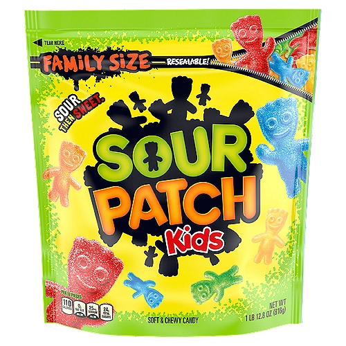 One 1.8 lb family size bag of SOUR PATCH KIDS Soft & Chewy Candy
Chewy snacks in assorted fruit flavors that are SOUR. SWEET. GONE.
A fat free food with the traditional SOUR PATCH KIDS shape for a hint of mischief
Fill candy dishes or stash in your pantry for a SOUR THEN SWEET candy treat
Great for party favors, holiday candy and movie theater candy