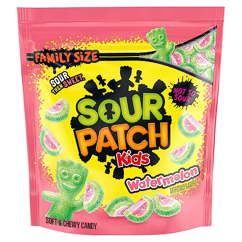 One 1.8 lb family size bag of SOUR PATCH KIDS Watermelon Soft & Chewy Candy
Chewy snacks with an intense watermelon flavor that's SOUR. SWEET. GONE
A fat free food, this SOUR THEN SWEET treat brings the fun with its adorable watermelon slice shape
Sour candy that adds a touch of summer to snacks for home, school and the office
Delicious soft candy for holidays, parties, game nights and movie nights