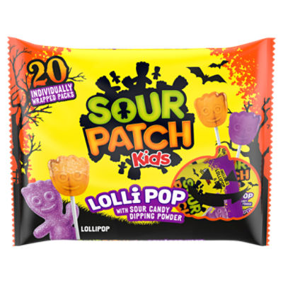 SOUR PATCH KIDS Orange & Purple Halloween Candy Lollipops with Sour Candy Dipping Powder, 20 Lollipops