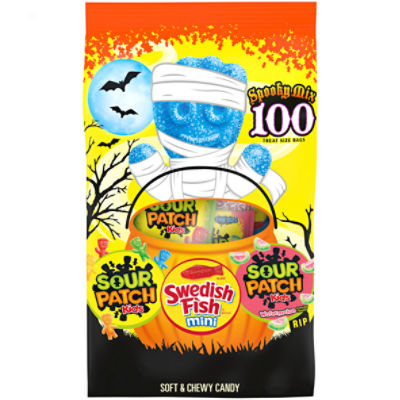 SOUR PATCH KIDS Original, Watermelon & SWEDISH FISH Mini Halloween Candy Variety Pack, 100 Trick or Treat Bags