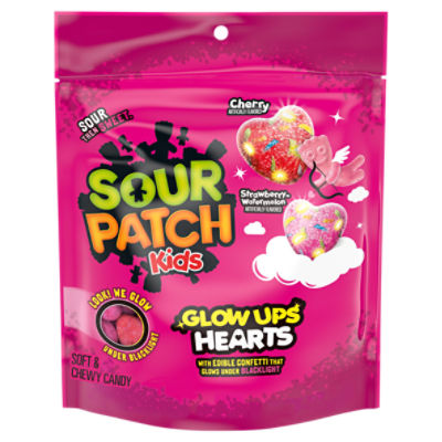 Sour Patch Kids Cherry Strawberry-Watermelon Glow Ups Hearts Soft & Chewy Candy, 8.4 oz