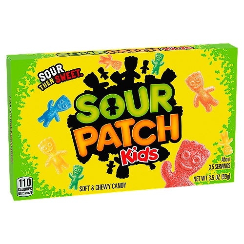 SOUR PATCH KIDS Original Soft & Chewy Candy, 3.5 oz Box
One 3.5 oz box of SOUR PATCH KIDS Original Soft & Chewy Candy
Assorted fruit flavors offer a variety of options that are SOUR. SWEET. GONE.
Soft and chewy candies have the traditional SOUR PATCH KIDS shape for a hint of mischief
Bring this SOUR THEN SWEET candy to parties, holidays, movies and more
Sealed box keeps this fruity candy flavorful and soft