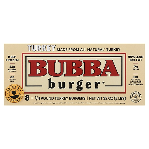 Bubba Burger Turkey Burger, 1/4 pound, 8 count
Made from All Natural* Turkey
*No artificial ingredients. Minimally processed. No added hormones or steroids. Federal regulations prohibit the use of hormones or steroids in poultry.