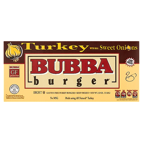 Bubba Burger Sweet Onions Gluten-Free Turkey Burgers, 8 count, 32 oz
Made using all natural* turkey
* No artificial ingredients. Minimally processed. No added hormones or steroids. Federal regulations prohibit the use of hormones or steroids in poultry.