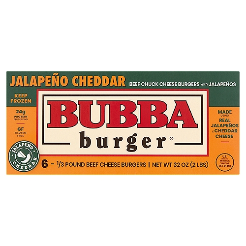 Bubba Burger Beef Chuck Cheese Burgers with Jalapeños, 1/3 pound, 6 count