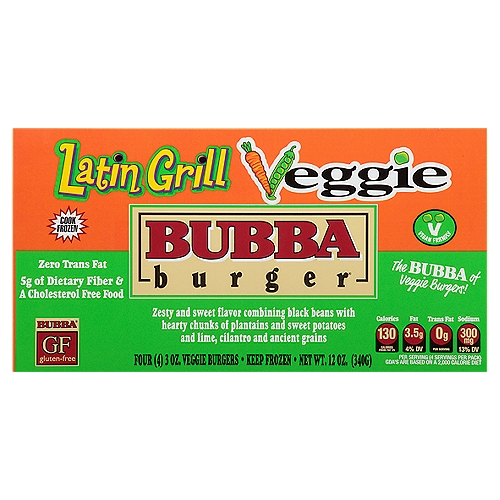 Bubba Burger Latin Grill Veggie Burgers, 3 oz, 4 count
Zesty and Sweet Flavor Combining Black Beans with Hearty Chunks of Plantains and Sweet Potatoes and Lime, Cilantro and Ancient Grains

A Zesty Fiesta of Flavor!
Bubba® knows Veggie burgers, and Bubba® knows flavor! The Latin Grill Veggie Bubba burger® is like no other, delivering a unique blend of black beans, plantains and sweet potatoes with pepitas, lime, cilantro and garlic. The perfect balance of lively flavors you can't find anywhere else.
Our Veggie Bubba burger family is great for folks looking for a variety of easy and healthier meal options. Cooks just like a Bubba burger® and tastes great! Throw these on the grill at your next cookout or dinner...you'll be glad you did.