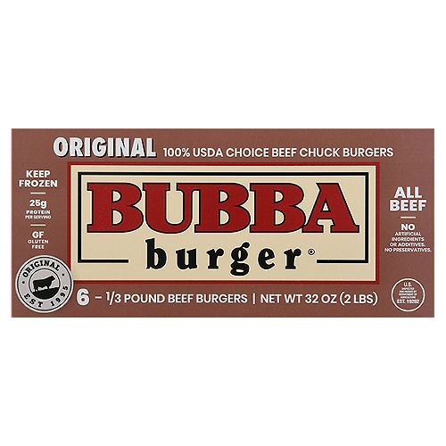 Bubba Burger Original Gluten Free Burgers, 6 count, 32 oz
The Beginning of the Bubba burger®!
After three generations in the beef business, Walter "Bubba" Eaves brings a great-tasting, easy-to-prepare burger to the quality conscious consumer. The Bubba burger® is made from only U.S.D.A. Choice Beef Chuck. Envisioned years ago, Bubba burger ® has become a tradition that gives you great taste and texture, just like a fresh handmade burger, with the convenience of a frozen one!
Bubba has developed an exclusive production process for the Bubba burger®. This process combined with our meticulous quality control program and the use of only U.S.D.A. Choice Beef Chuck guarantees a product with unprecedented taste and texture with minimal shrinkage and high juice retention.
Bubba Foods' secret process combined with over 75 years of experience allows you to serve a Bubba burger® faster and easier than a handmade burger without the mess and bother of conventional burgers. Our high standards mean exceptional quality and exceptional taste in every bite of every Bubba burger®!
Bubba says,
"You'll never bite a burger better than a Bubba!"