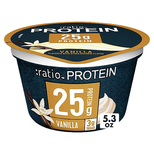 :ratio Protein Vanilla Dairy Snack, 5.3 oz
7g Net Carbs†
†7g Net Carbs = 9g Total Carbs - 0g Fiber - 2g Sugar Alcohol

4x Protein of the Leading Traditional Yogurt*
*Traditional Yogurt Contains 6g Protein per 6 oz; :ratio Protein Contains 25g Protein per 5.3 oz