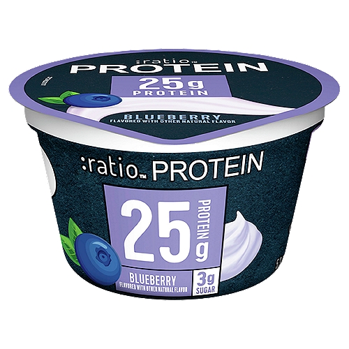 :ratio Protein Blueberry Dairy Snack, 5.3 oz
7g Net Carbs†
†7g Net Carbs = 9g Total Carbs - 0g Fiber - 2g Sugar Alcohol

4x Protein of the Leading Traditional Yogurt*
*Traditional Yogurt Contains 6g Protein per 6 oz; :ratio Protein Contains 25g Protein per 5.3 oz