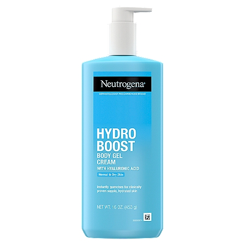 Neutrogena Hydro Boost Normal to Dry Skin Body Gel Cream, 16 oz
Neutrogena® Hydro Boost Body Gel Cream brings advanced facial hydration expertise to body care, for clinically proven supple. hydrated skin.

This ultra-light gel-cream is powered by purified hyaluronic acid, an essential hydrator that binds to water and holds it within skin's surface for smoother skin.

Use daily to give skin the boost of hydration it needs by helping to:
■ Maintain skin's moisture balance by continuously releasing hydration
■ Lock in skin-quenching hydration

Absorbs instantly with a non-greasy feeling so you can get dressed immediately. rested under dermatological control.