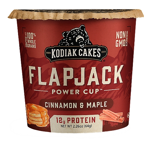 Kodiak Cakes Power Cup Cinnamon & Maple Flapjack, 2.26 oz
Kodiak Cakes Cinnamon & Maple Flapjack Unleashed is the best way to get your frontier flapjack fix when you don’t have time to fire up the griddle. We craft this flapjack in a cup from 100% whole grains, real cinnamon, and pure maple syrup to give it the wholesome flavor of non-GMO ingredients.
