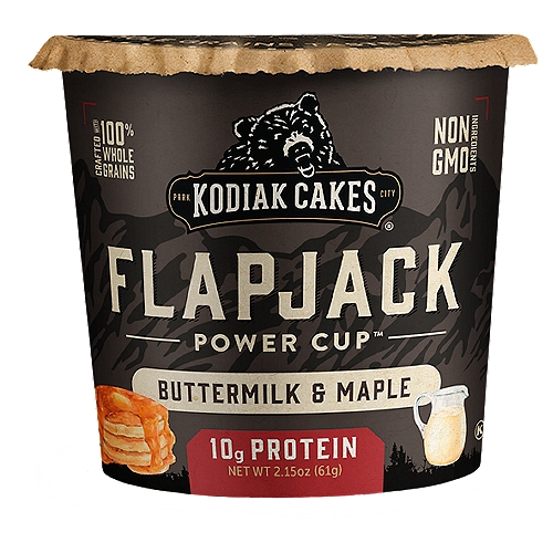 Kodiak Cakes Power Cup Buttermilk & Maple Flapjack, 2.15 oz
Kodiak Cakes Buttermilk & Maple Flapjack Unleashed is a non-GMO, protein-packed breakfast. Just add water, stir, microwave, and enjoy the hearty texture of 100% whole grains complemented by the satisfying taste of homestyle buttermilk and pure maple syrup.