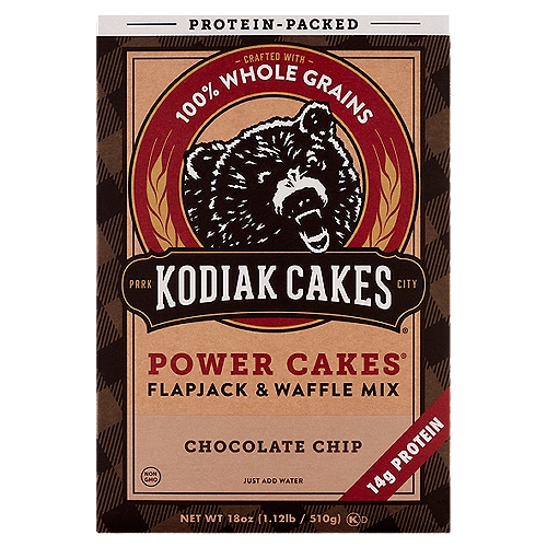 Kodiak Cakes Power Cakes Chocolate Chip Flapjack & Waffle Mix, 18 oz
Restoring the Flapjack Tradition
Way back when, lumberjacks and pioneers relied on food packed with protein and essential nutrients from whole grains to get them through long days on the frontier. Though most of us have traded in our axes for laptops, we still crave delicious, nourishing food.

Kodiak Cakes® flapjack and waffle mix is meant for those of us who, like the rugged pioneers exploring the untamed wilderness, require nutrition and great taste to successfully navigate today's frontier.

Whole Grains Taste Better®