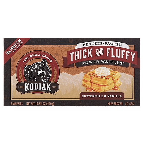 Kodiak Cakes Power Waffles Thick and Fluffy Buttermilk & Vanilla Waffles, 6 count, 14.82 oz
Restoring the Real Food Tradition
If you enjoy Kodiak™ Power Waffles®, you'll really love their thicker and fluffier brother - Kodiak™ Buttermilk Thick & Fluffy Power Waffles®. Sometimes you need a little bit more to get your morning going, plus crafted with 100% whole grains, non-GMO ingredients, and packed with protein you stay full all morning.

Whole Grains Taste Better®