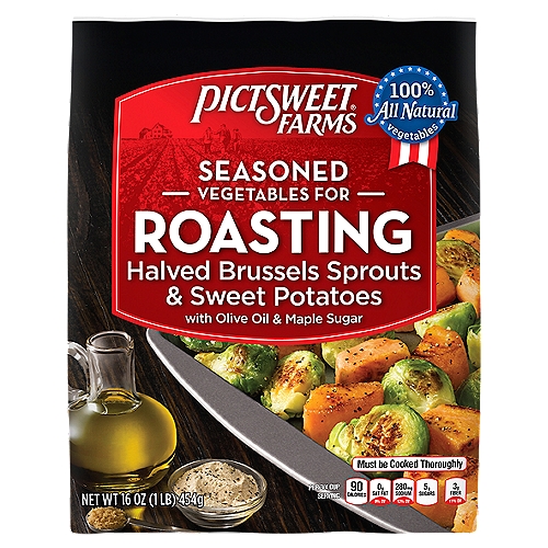 Pictsweet Farms Vegetables for Roasting are now even more convenient. Our Halved Brussels Sprouts & Sweet Potatoes are seasoned with olive oil & maple sugar - just pour contents onto a shallow baking pan and put them in the oven! Try all of our delicious varieties - perfectly roasted in just 20 minutes!
