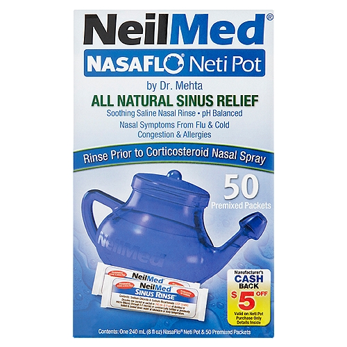 NeilMed NasaFlo Neti Pot All Natural Sinus Relief Kit
Relieve Nasal Passages From:
• Nasal allergies, dryness & hay fever
• Sinus pressure & nasal stuffiness
• Nasal symptoms from flu & cold
• Nasal irritation from occupational & house dust, fumes, animal dander, grass, pollen, smoke, etc.
• Post-nasal drip & nasal congestion

Advantages
• Easy-flow, no-spill, no-mess pot design
• Soothing, non-burning and non-stinging nasal irrigation
• Non-sedating
• Excellent for cleansing prior to use of nasal spray medications
• Suitable for use after sinus surgery or during pregnancy; consult your physician with concerns
• Easy to clean
• Can be used as pH balanced, isotonic solution with one packet, or hypertonic extra-strength solution with two packets
• Drug-free and preservative-free
• Portable for travel
• Money-back guarantee (if returned within 120 days of purchase)

The NasaFlo® Neti Pot allows for a smooth gravity flow that does not create any pressure in the nasal passage, ears or sinuses. For adults & children 4 years and up.

#1 selling neti pot*
*In USA and Canada