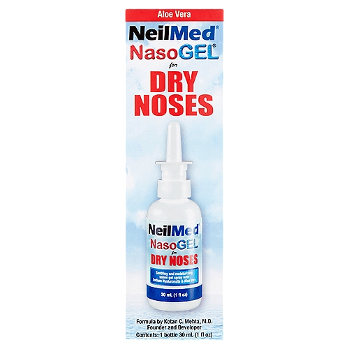 NeilMed NasoGel Drip Free Spray for Dry Noses, 1 fl oz
Soothing and Moisturizing Saline Gel Spray with Sodium Hyaluronate & Aloe Vera

Uses:
NasoGel® provides moisture to soothe and hydrate dry nasal passages. Dryness is caused by: indoor heat, dry climate, air travel, high altitude, oxygen use, CPAP*
*(Continuous Positive Airway Pressure) machine used for sleep breathing disorders.