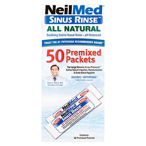 NeilMed Sinus Rinse All Natural Soothing Saline Nasal Rinse Premixed Packets, 50 count
Isotonic
Hypertonic*
* (with 2 or more packets)

Use for
• Nasal allergies, dryness & hay fever
• Sinus pressure & nasal stuffiness
• Nasal symptoms from flu & cold
• Nasal irritation from occupational & house dust, fumes, animal dander, grass, pollen, smoke, etc.
• Post-nasal drip & nasal congestion

Make NeilMed's Sinus Rinse™ an essential part of your daily hygiene - like brushing your teeth, washing your hands or taking a shower. Natural sinus care has never been easier.