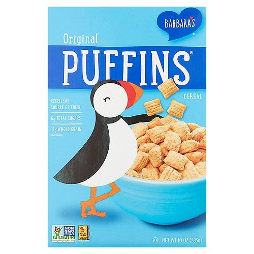 Barbara's Puffins Original Cereal, 10 oz
The Original: A Little Sweet, a Lot Good.

Puffins are nicknamed sea parrots & sea clowns.

Good on the inside