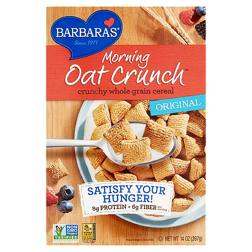 Crunchy Whole Grain CerealnnOur cereals are non-GMO and contain no artificial flavors or BHT preservative.nn47g of whole grains*n8g protein*n6g fiber*n*per serving