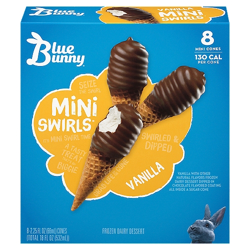 Vanilla with Other Natural Flavors Frozen Dairy Dessert Dipped in Chocolate Flavored Coating All Inside a Sugar ConennFun Comes in All Sizes. Enjoy this One.