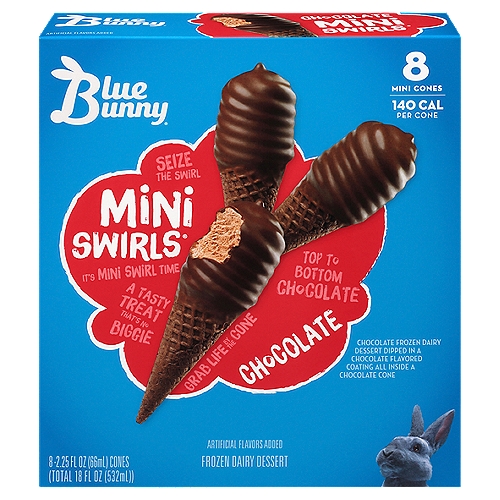 Blue Bunny Mini Swirls Chocolate Frozen Dairy Dessert, 2.25 fl oz, 8 count
Chocolate Frozen Dairy Dessert Dipped in a Chocolate Flavored Coating All Inside a Chocolate Cone

Fun Comes in All Sizes. Enjoy this One.