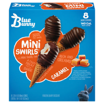 Blue Bunny Mini Swirls Caramel Frozen Dairy Dessert, 2.25 fl oz, 8 count, 18 Fluid ounce