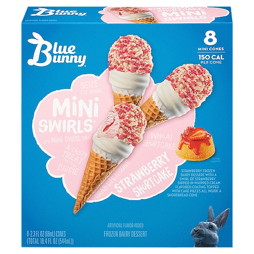 Strawberry Frozen Dairy Dessert with a Swirl of Strawberry Dipped in Whipped Cream Flavored Coating Topped with Cake Pieces All Inside a Shortbread ConennFun Comes in All Sizes. Enjoy This One.