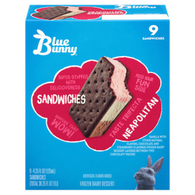 Blue Bunny Neopolitan Frozen Dairy Dessert Sandwiches, 4.25 fl oz, 9 count, 38.25 Fluid ounce
