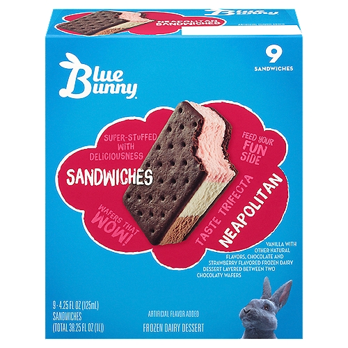 Blue Bunny Neopolitan Frozen Dairy Dessert Sandwiches, 4.25 fl oz, 9 count
Vanilla with Other Natural Flavors, Chocolate and Strawberry Flavored Frozen Dairy Dessert Layered Between Two Chocolaty Wafers