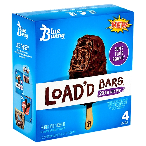 Blue Bunny Load'd Bars Super Fudge Brownie Frozen Dairy Dessert, 3.35 fl oz, 4 count
Chocolate Frozen Dairy Dessert Filled with Chocolate Fudge Swirls and Brownies Topped with Fudge Sauce Dipped in Milk Chocolate Flavored Coating and Chocolate Cookie Crunch

2x the Mix-Ins*
*As compared to Blue Bunny® Turtle Bar.