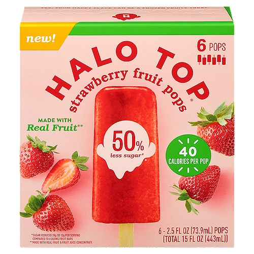 Made with real fruit** **Made with Real Fruit & Fruit Juice Concentrate Real Fruit Makes It Real Good Halo Top Strawberry Fruit Pops are made with real, juicy, ripe strawberries for a simple, refreshing taste that is full of flavor and not much else. And we really mean not much else. Each pop has only 40 calories and 50% less sugar than traditional fruit bars.* Trust us, you won't miss it. *Sugar Reduced 28g to 13g per Serving Compared to Leading Fruit Bars