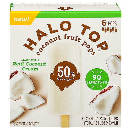 Halo Top Coconut Fruit Pops, 2.5 fl oz, 6 count
Real Fruit Makes It Real Good
Halo Top® Coconut Fruit pops are made with sweet shreds of real coconut for a refreshing tropical taste that is full of flavor and not much else. And we really mean not much else. Each pop has only 90 calories and 50% less sugar than traditional fruit bars*. Trust us, you won't miss it.
*Sugar Reduced 34g to 17g per Serving Compared to Leading Fruit Bars